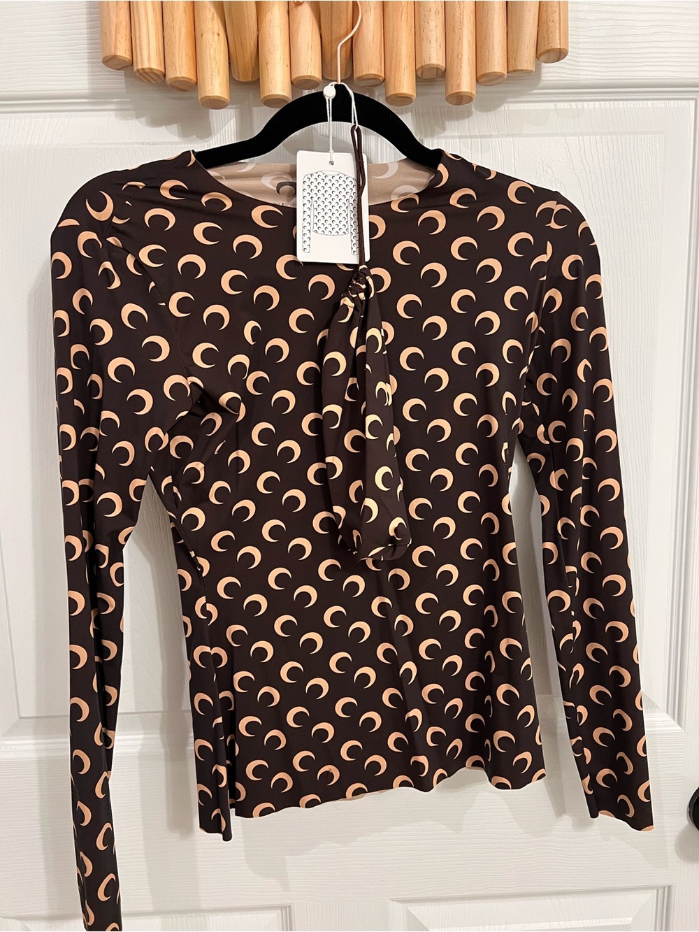 Marine Serre Black Long Sleeve Top with Beige Crescent Print